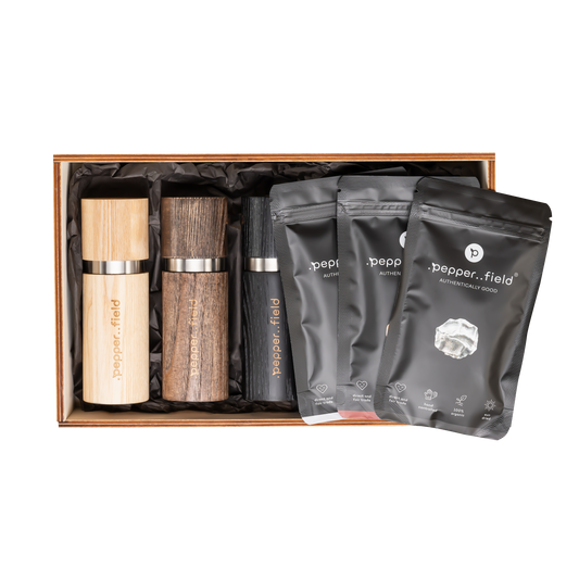 Sada 3 mlýnků (přírodní, hnědý, černý) a 3 doypacků (3x50g) v obrovském dárkovém kufříku