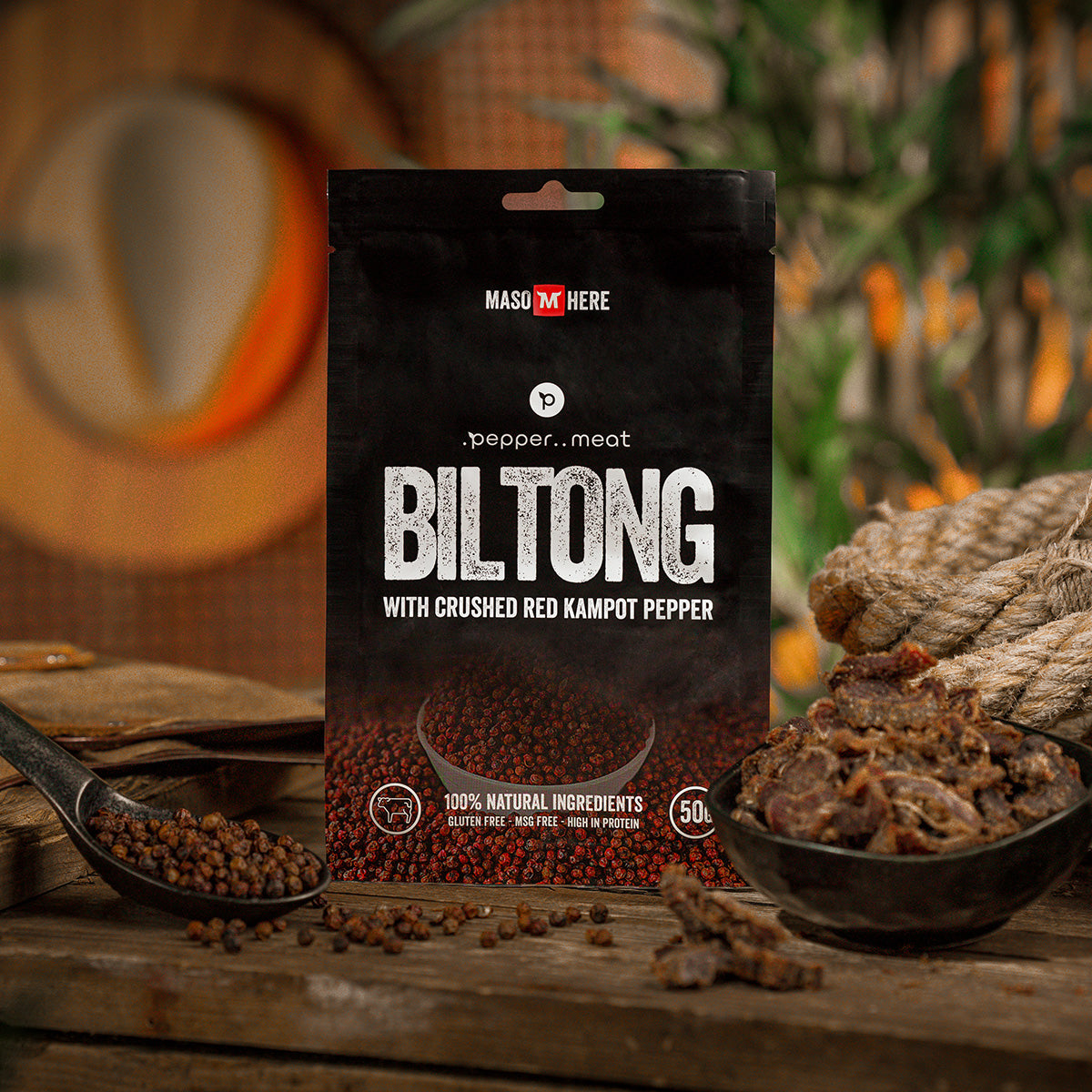 Sušené maso BILTONG s nadrceným červeným Kampotským pepřem - 50g