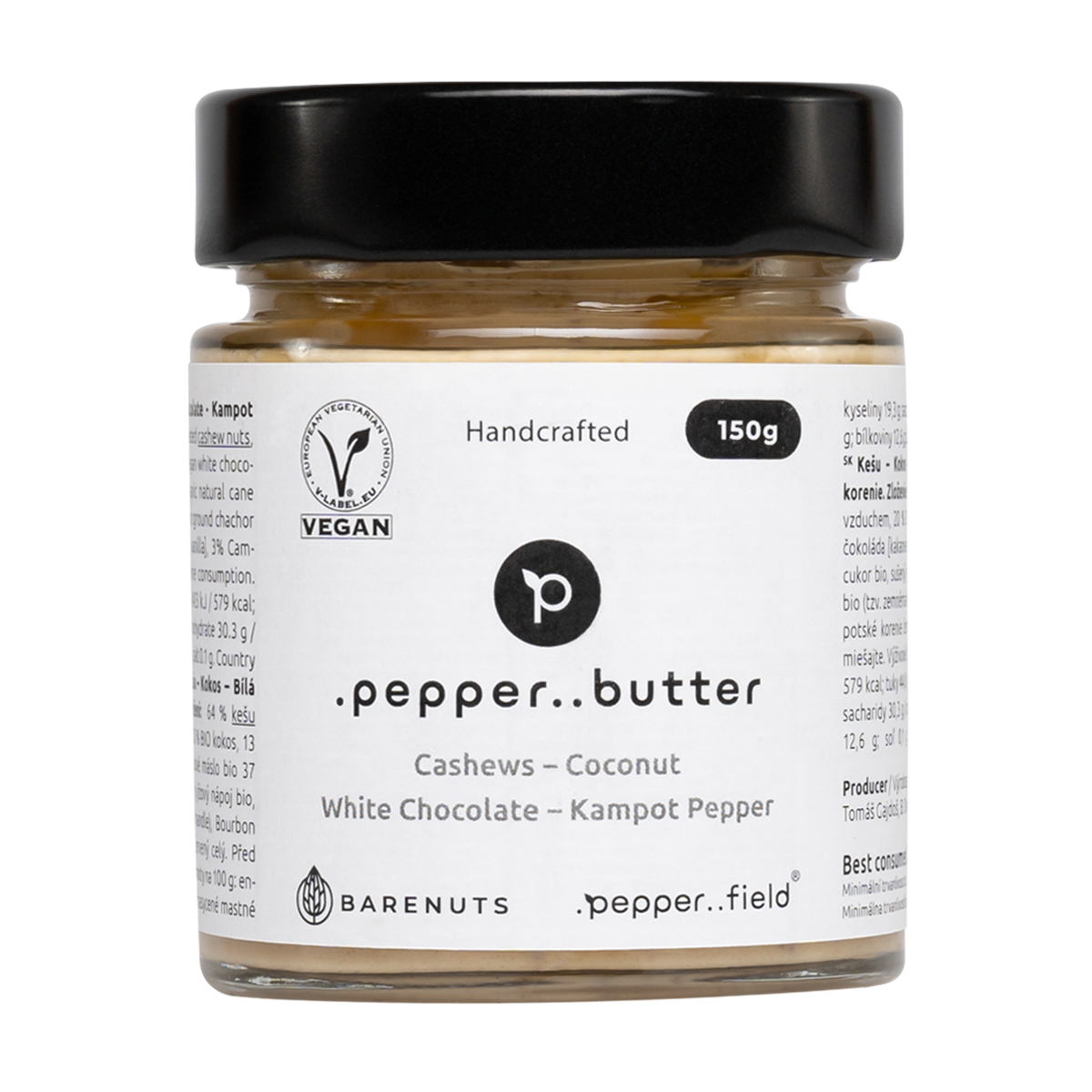 Kešu máslo s kokosem, bílou čokoládou a Kampotským pepřem (150g)