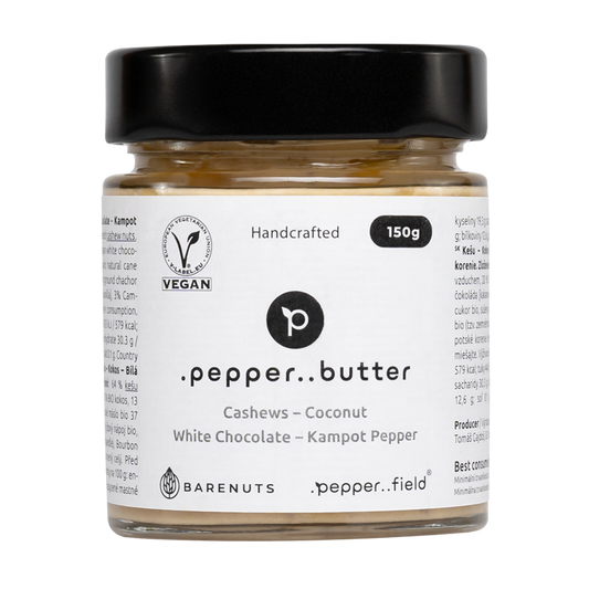 Kešu máslo s kokosem, bílou čokoládou a Kampotským pepřem (150g)