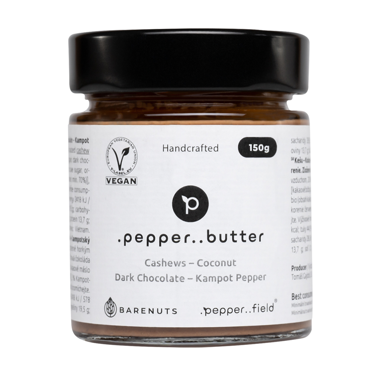 Kešu máslo s kokosem, tmavou čokoládou a Kampotským pepřem (150g)