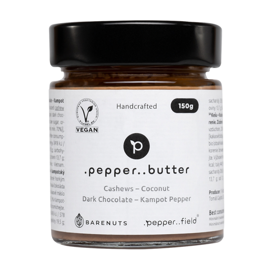 Kešu máslo s kokosem, tmavou čokoládou a Kampotským pepřem (150g)