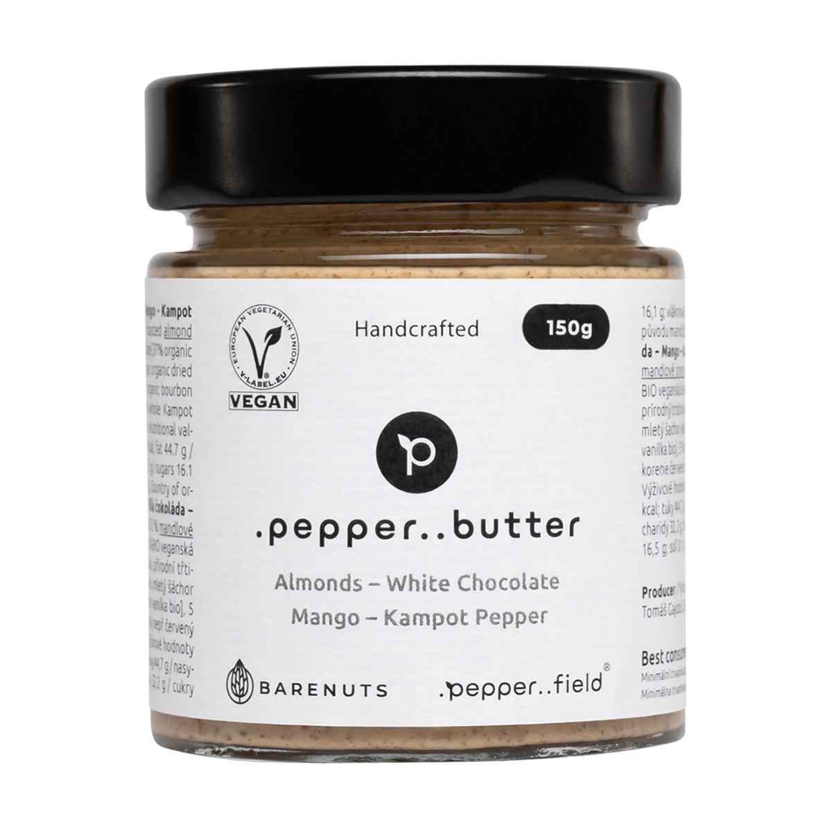Mandlové máslo s bílou čokoládou, mangem a Kampotským pepřem (150g)