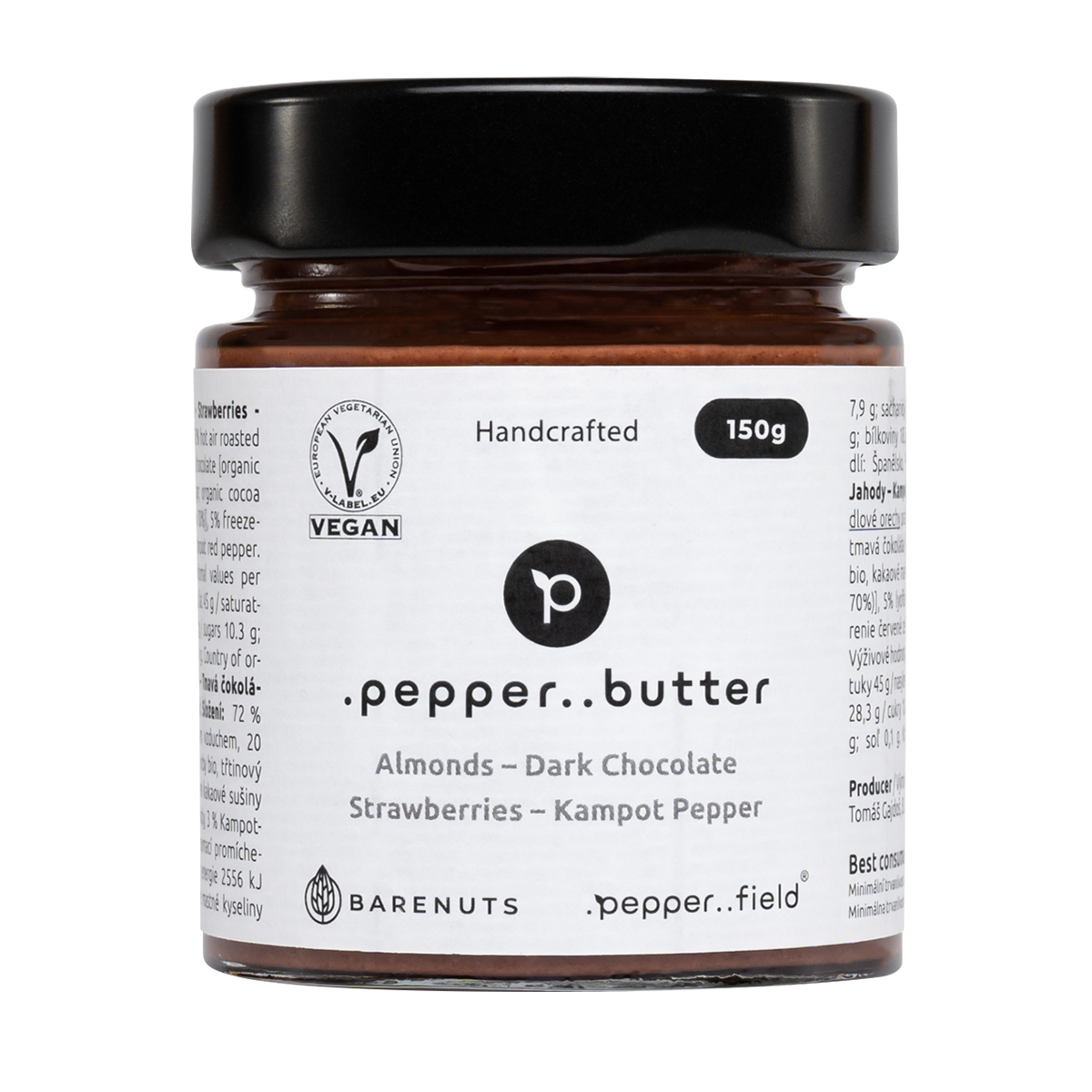 Mandlové máslo s tmavou čokoládou, jahodami a Kampotským pepřem (150g)