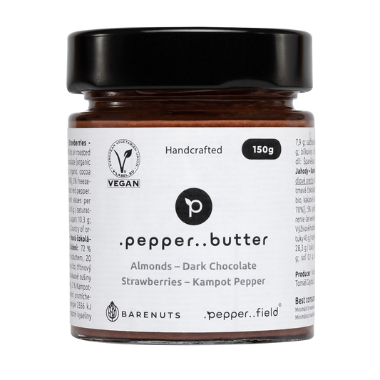 Mandlové máslo s tmavou čokoládou, jahodami a Kampotským pepřem (150g)