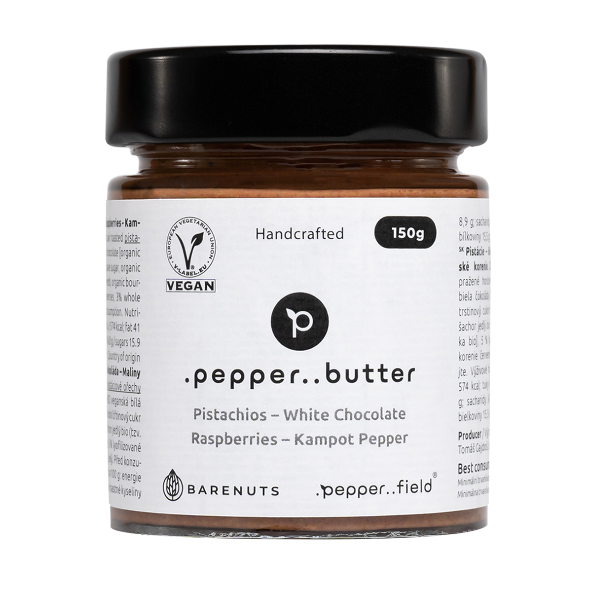 Pistáciové máslo s bílou čokoládou, malinami a Kampotským pepřem (150g)