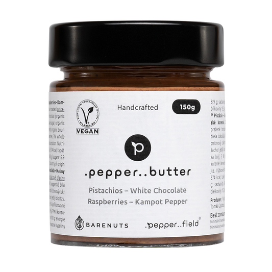 Pistáciové máslo s bílou čokoládou, malinami a Kampotským pepřem (150g)
