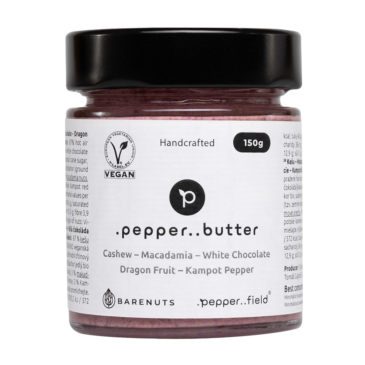 Kešu máslo s makadamiovým oříškem, bílou čokoládou, drařčím ovocem a Kampotským pepřem (150g)