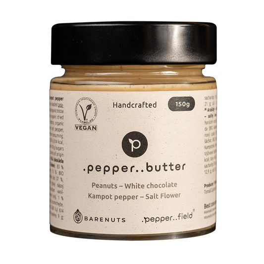 Arašídové máslo se solným květem, bílou čokoládou a Kampotským pepřem (150g)